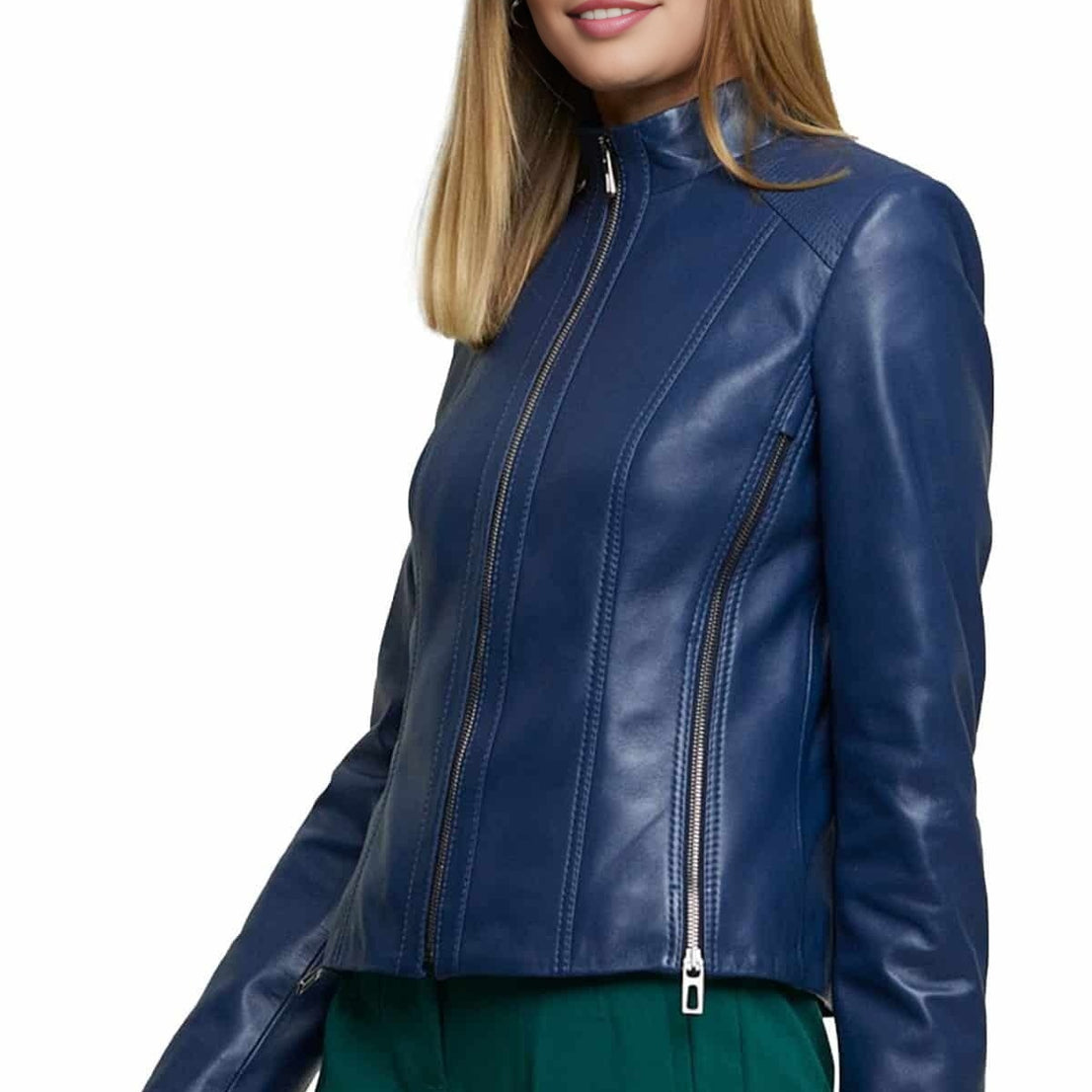 Grace Blue Biker Leather Jacket  For Women