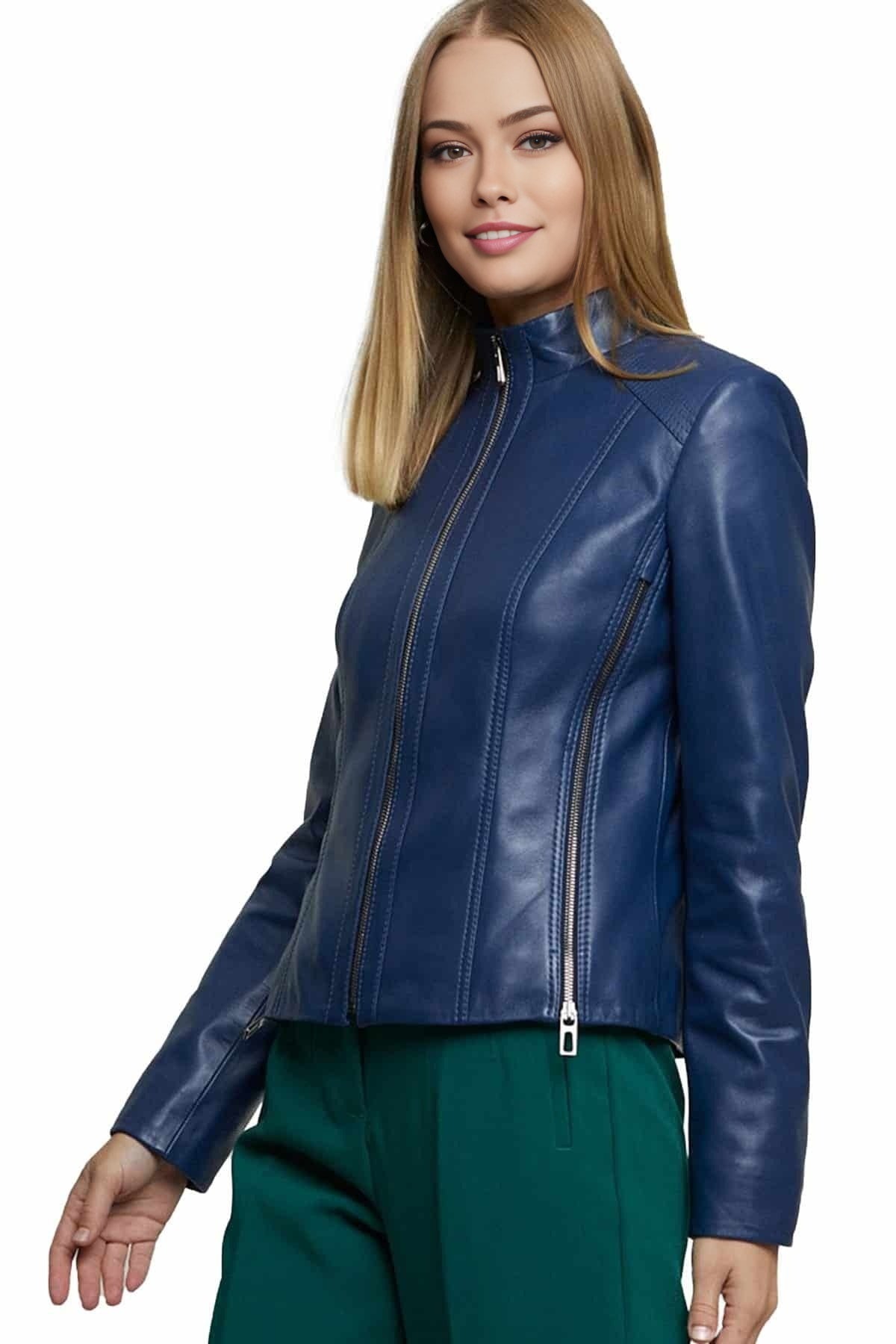 Grace Blue Biker Leather Jacket  For Women