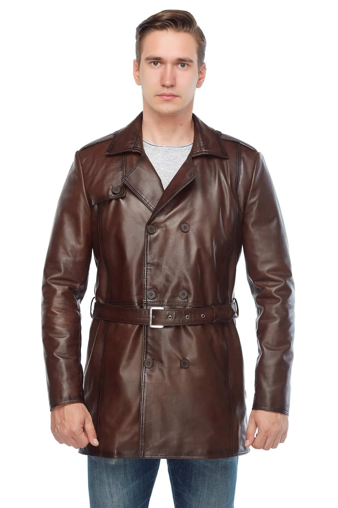 Nathan Brown Trench Leather Coat For Men