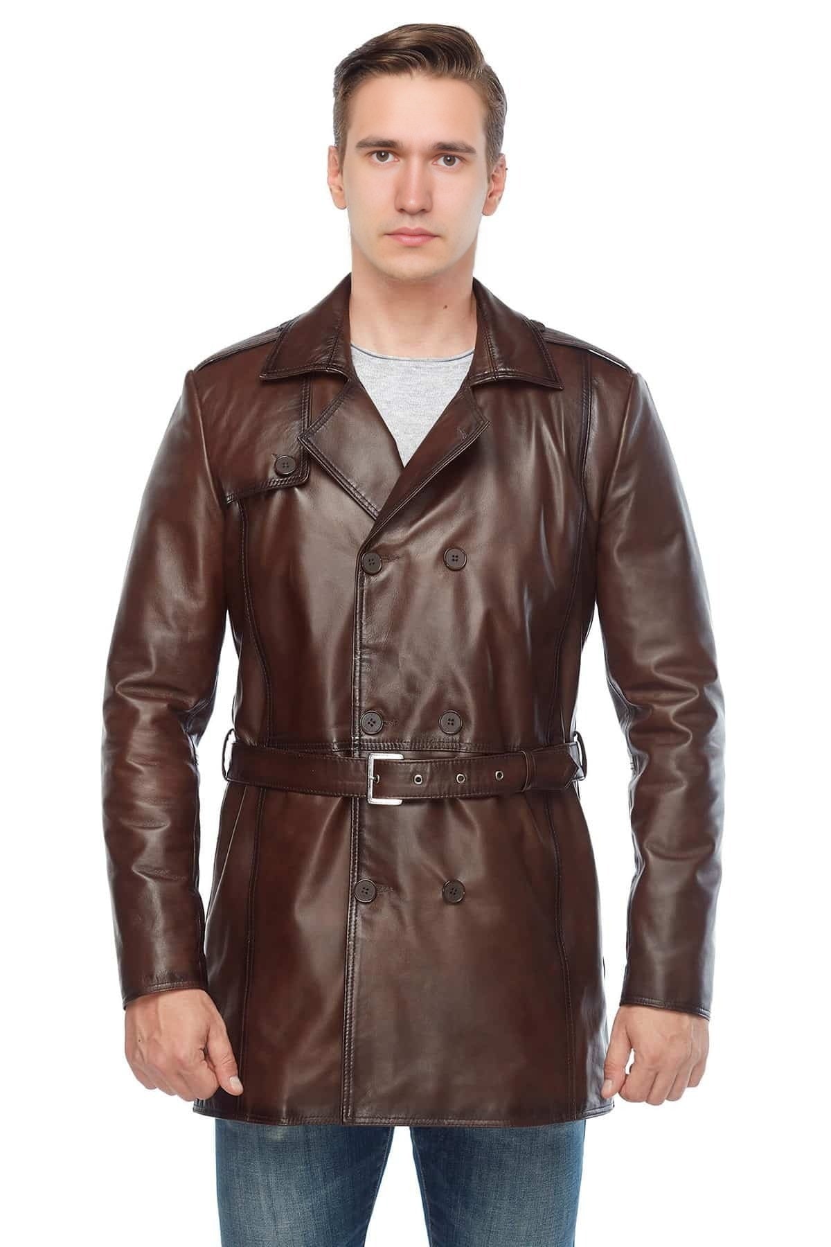 Nathan Brown Trench Leather Coat For Men
