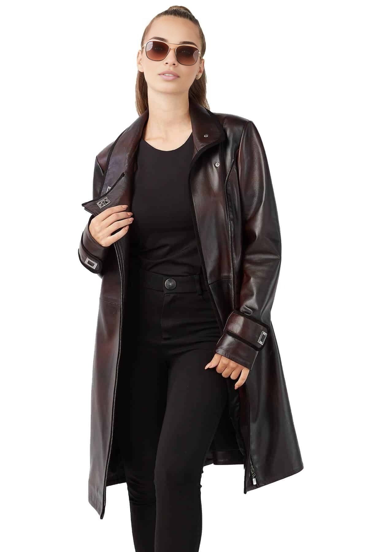 Alexis Dark Brown Waxed Leather Coat For Women