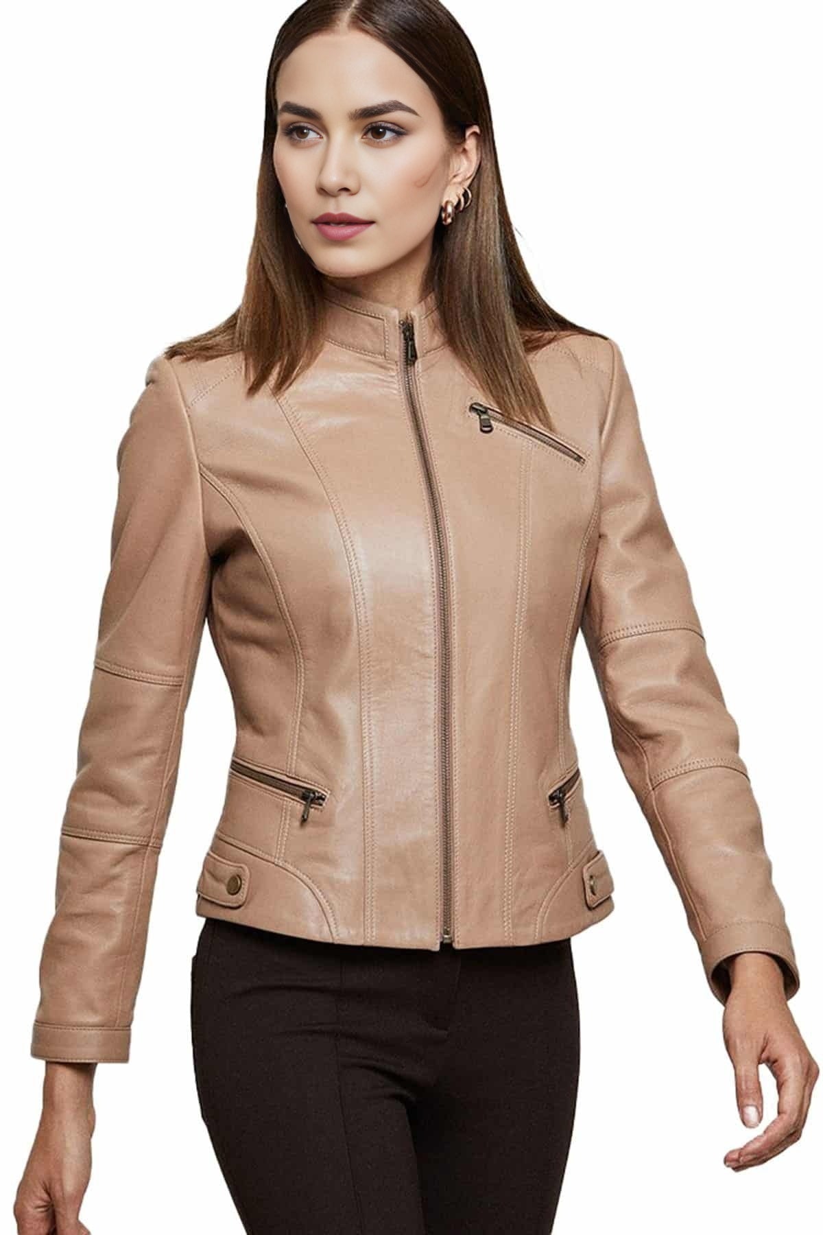 Barbara Fossil Tan Sheep Skin Leather Jacket For Women