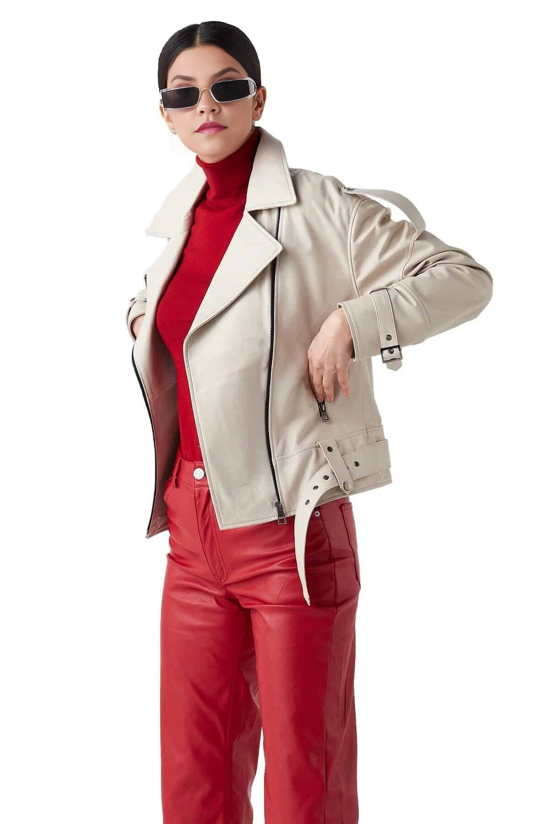 Paisley Beige Leather Jacket For Women