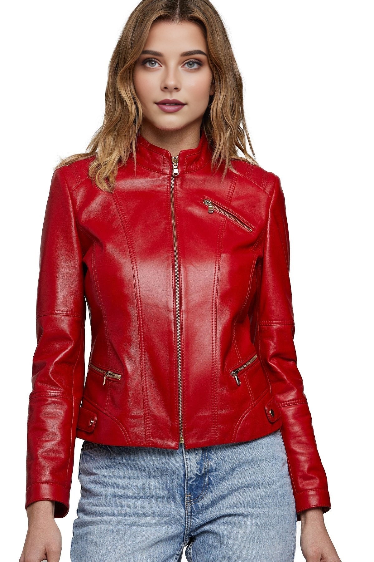 Julianna Red Motor Biker Leather Jacket For Women