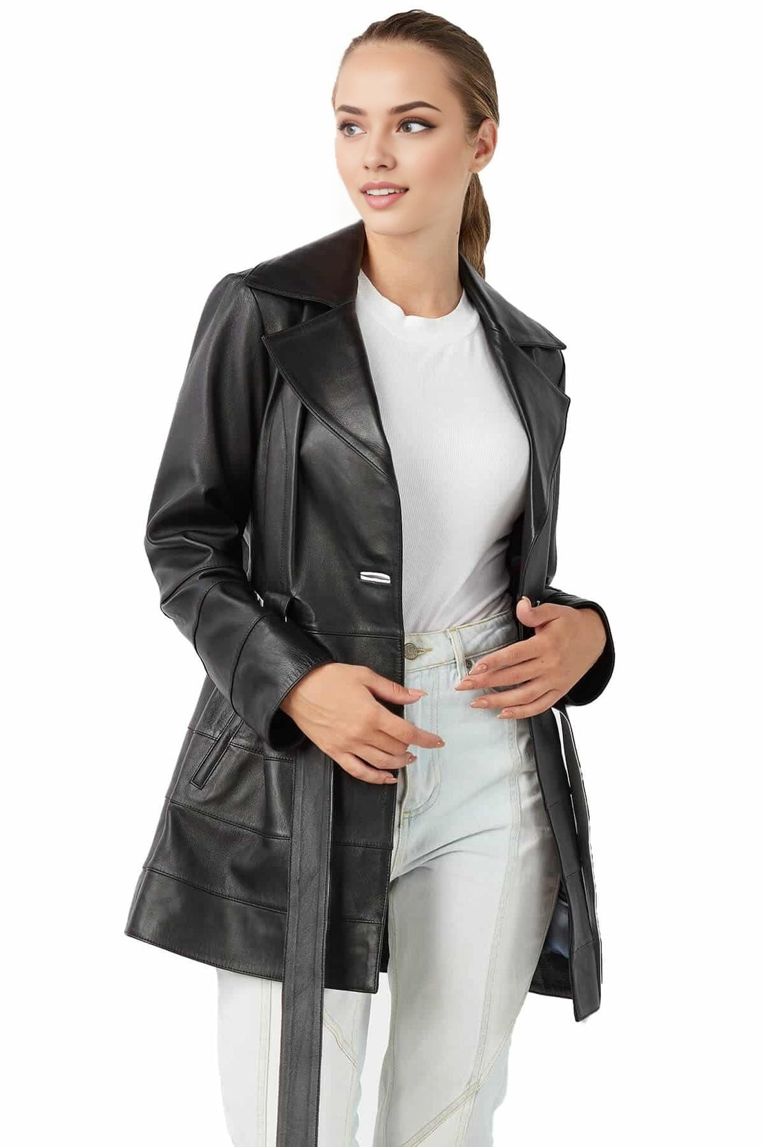 Gianna Black Trench Leather Coat For Women