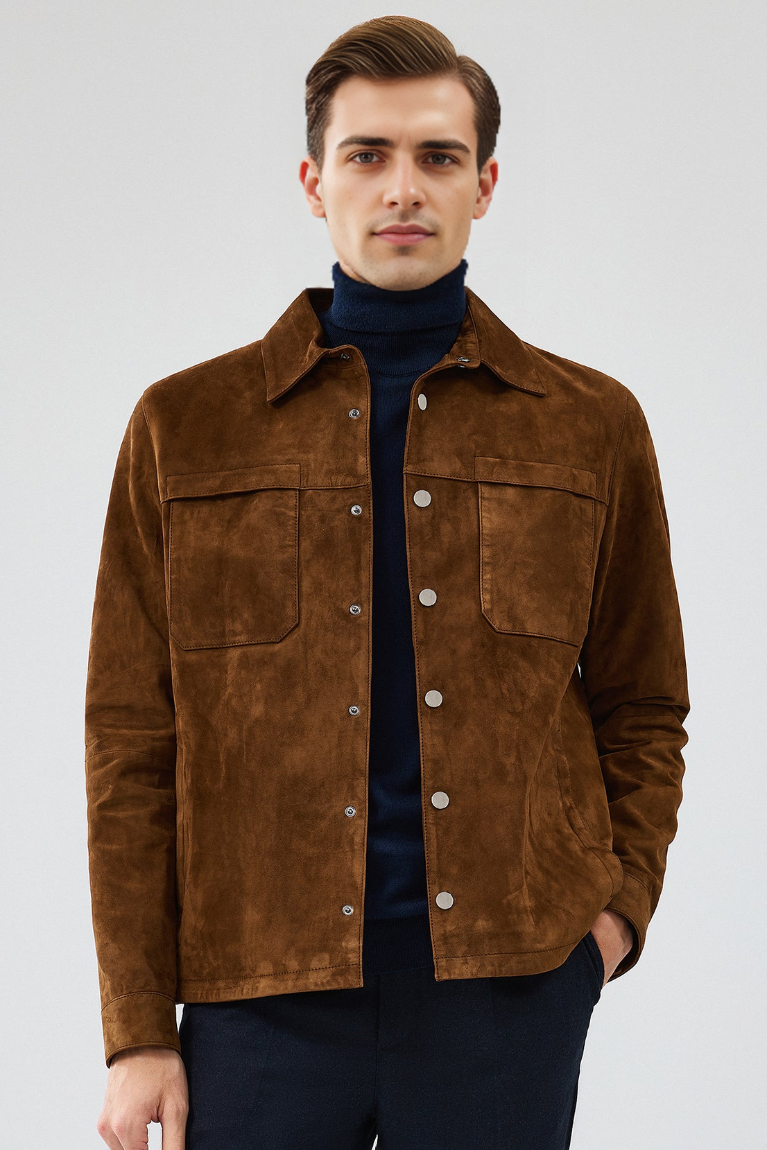 Enzo Brown Shirt Collar Suede Leather Coat For Men
