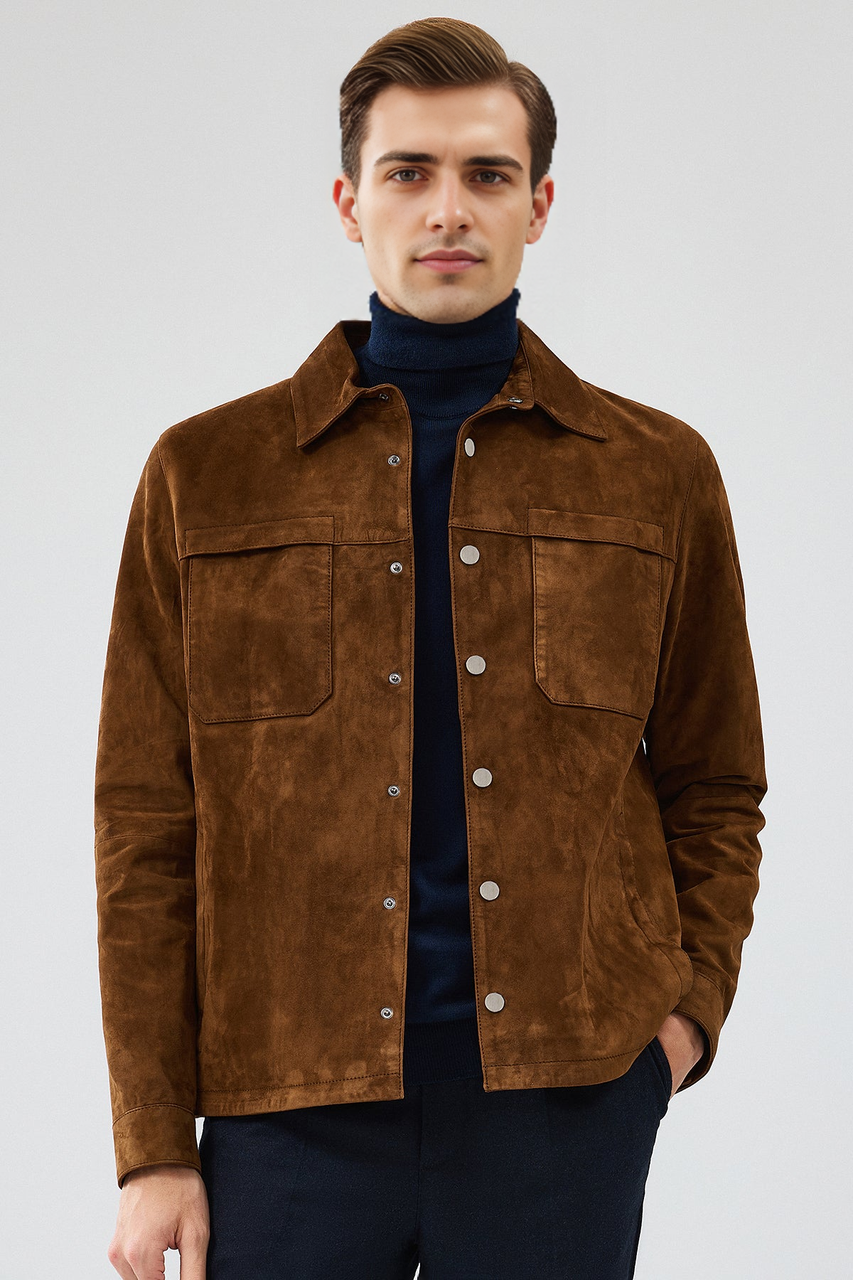 Enzo Brown Shirt Collar Suede Leather Coat For Men