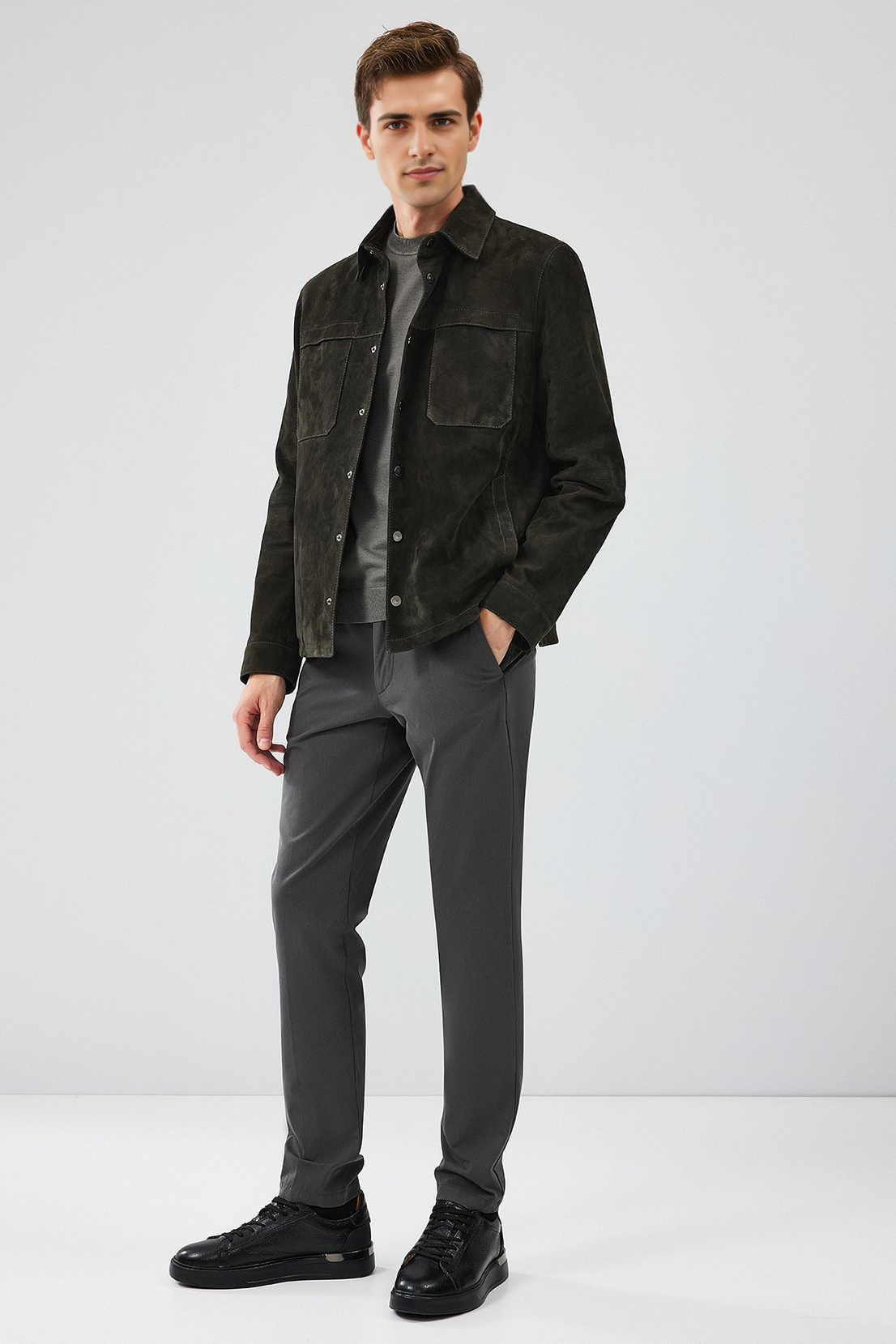 Enzo Anthracite Shirt Collar Suede Leather Jacket For Men