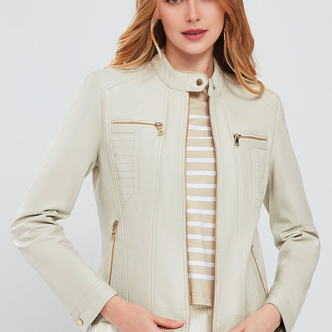 Marlyn Women's Short Biege Leather Jacket