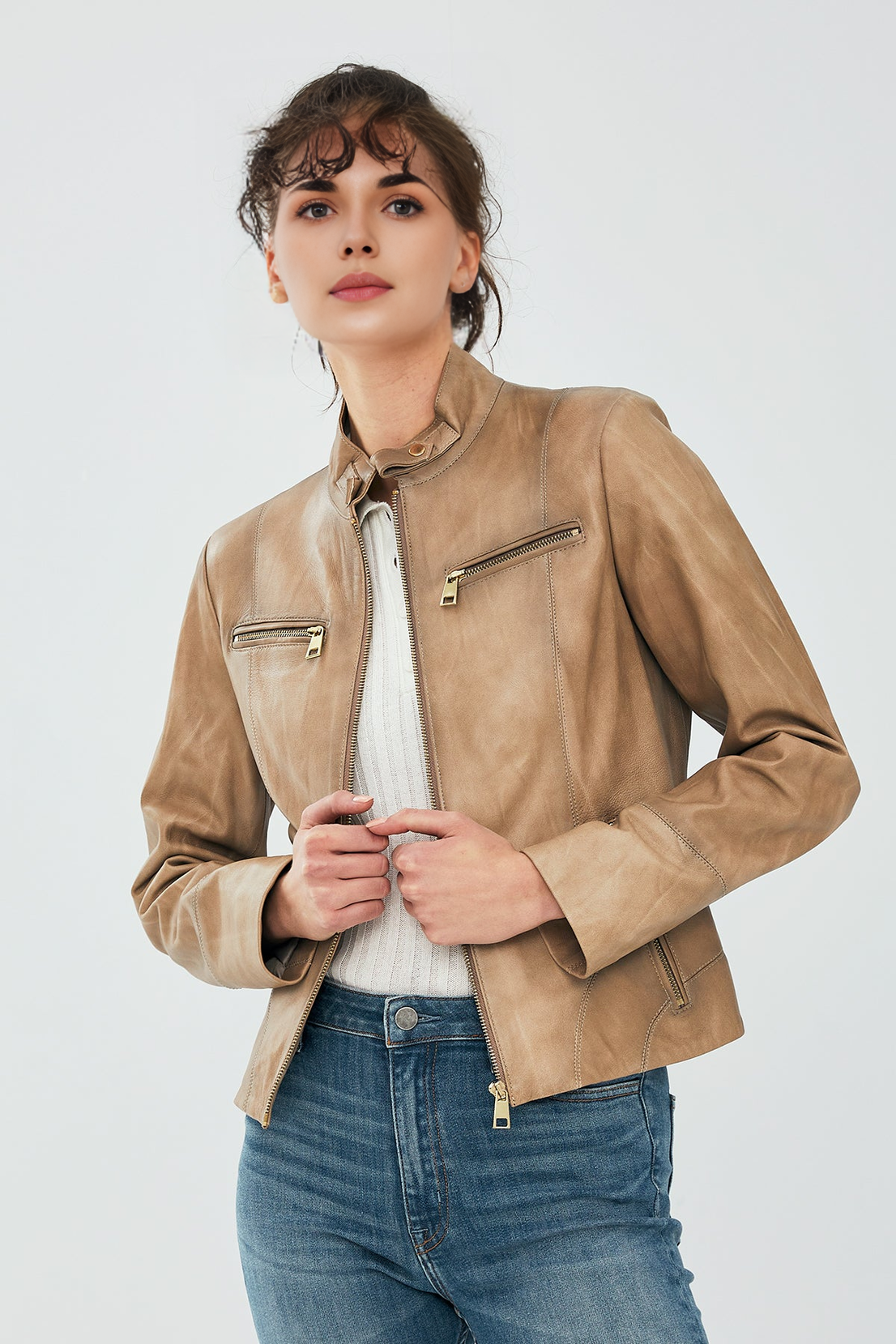 Alicia Beige Short Leather Jacket For Women