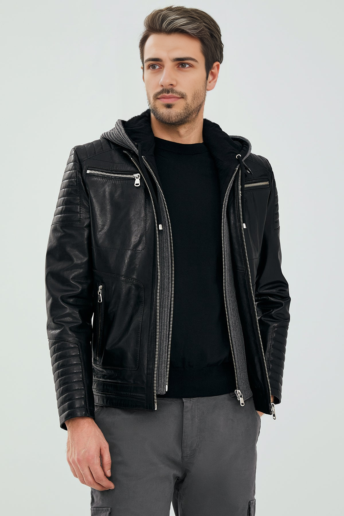 Carlos Black Hooded Sport Leather Jacket For Men