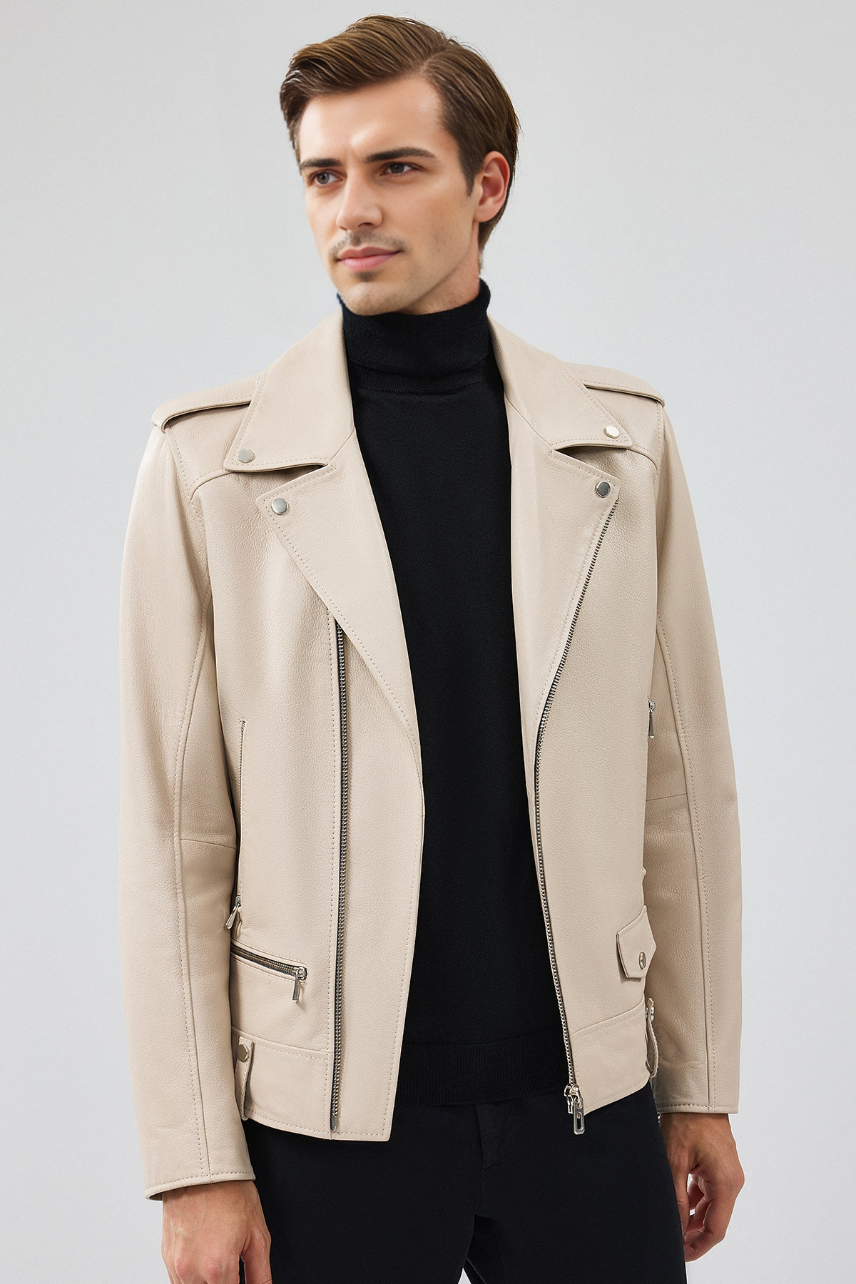 Butler Beige Hooded Biker Leather Jacket for Men