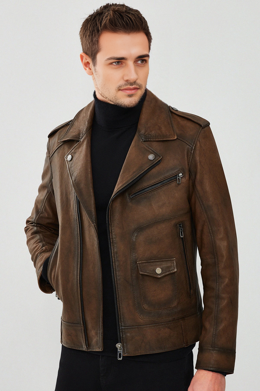 Carter Brown Biker Leather Jacket For Men