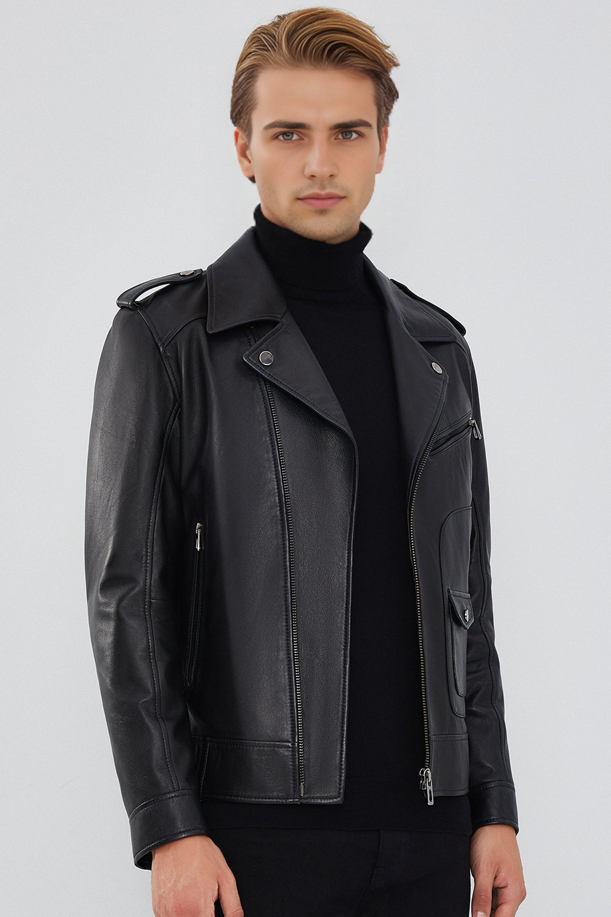 Carter Black Biker Leather Jacket For Men