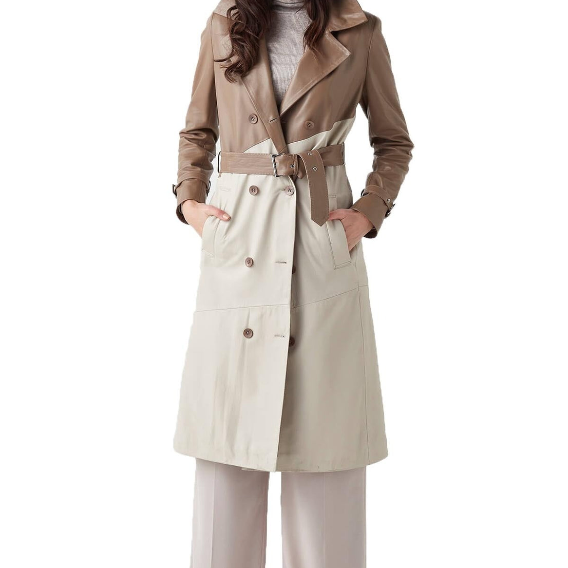 Athena Beige & Cappuccino Long Leather Coat For Women