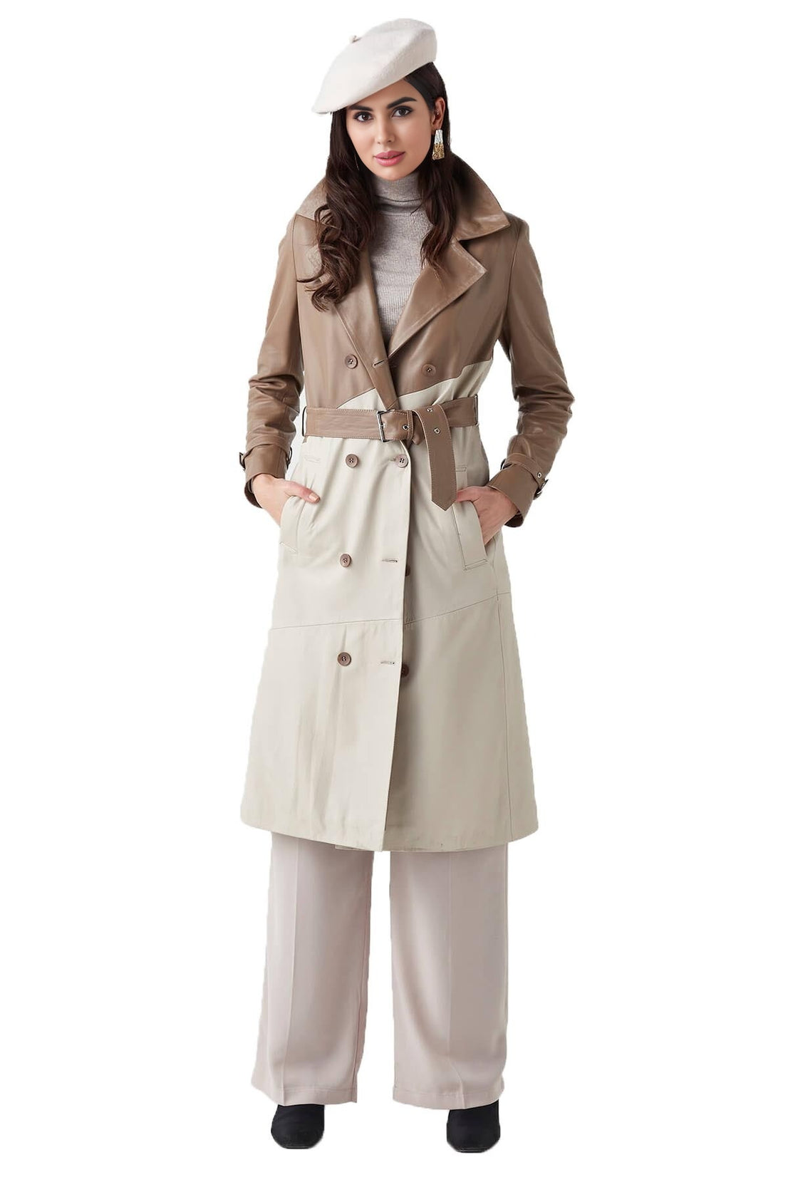 Athena Beige & Cappuccino Long Leather Coat For Women