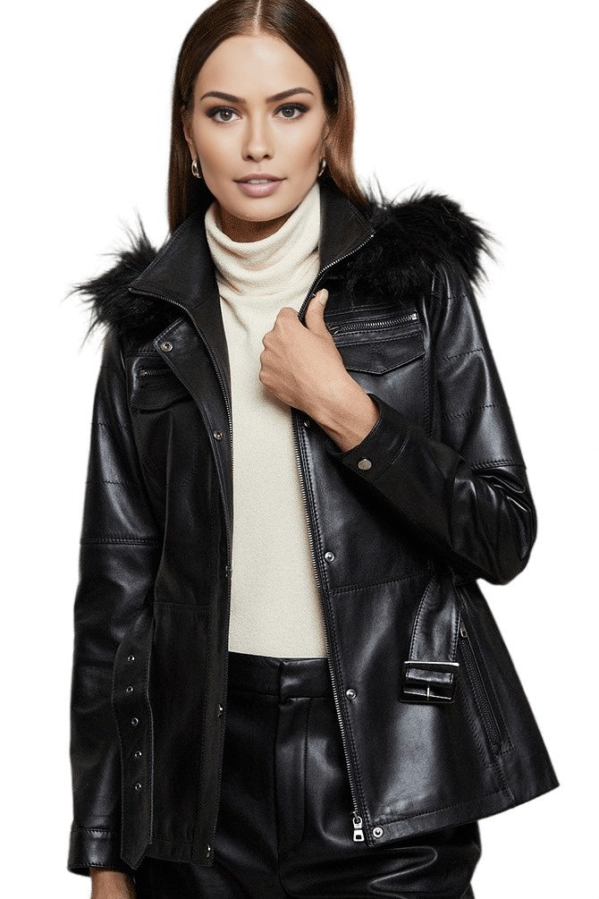 Jasmine Black Fur Hood Leather Coat For Women