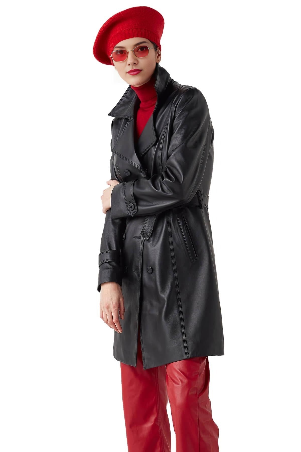 Keighley Black Trench Long Leather Coat For Women