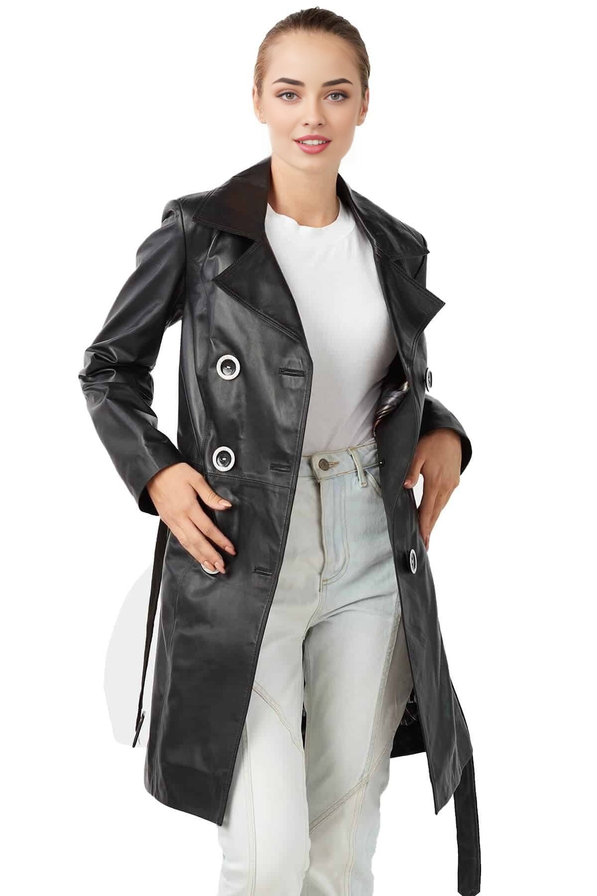 Eliza Black Leather Coat For Women