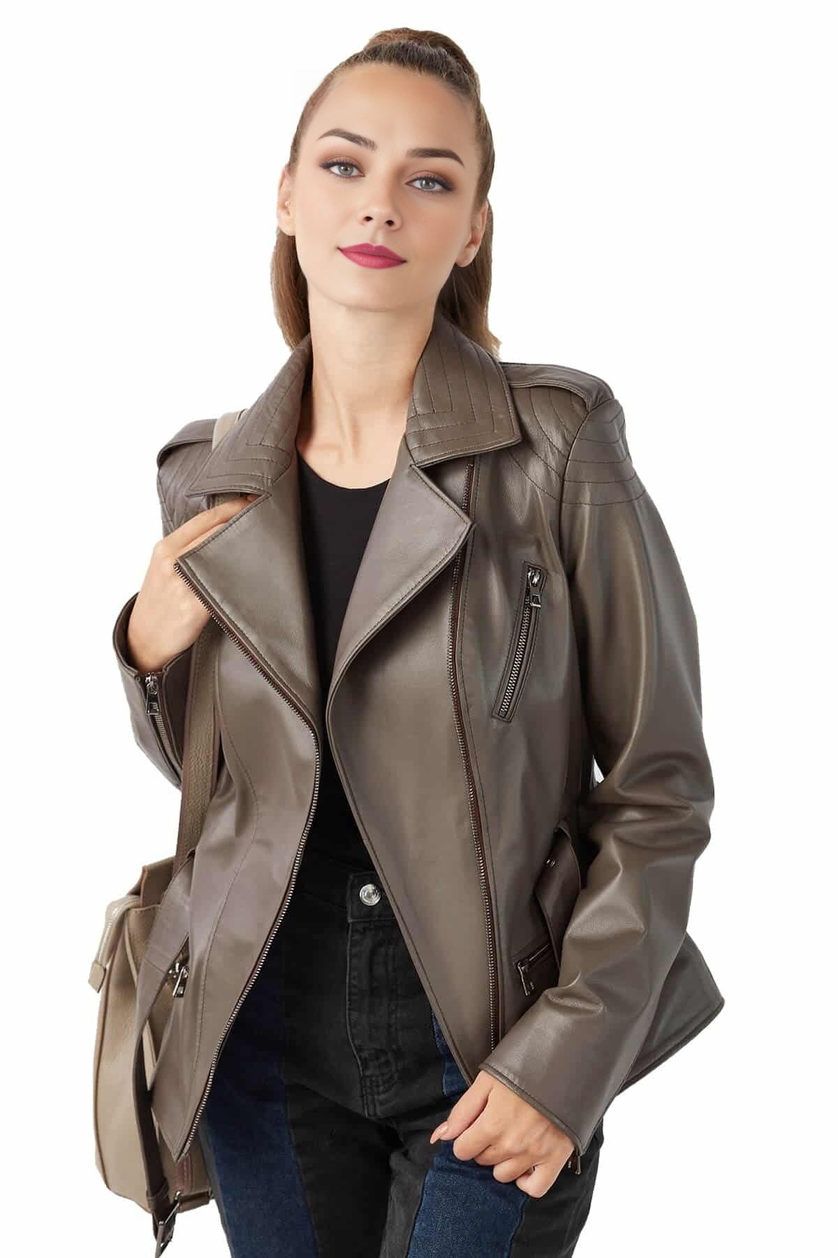 Alenxendra Mink Color Leather Jacket For Women