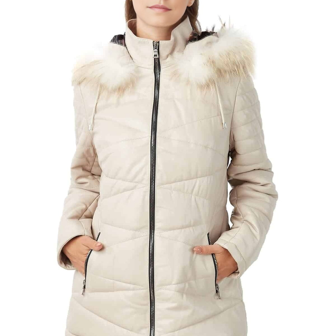 Gabriella Beige Fur Hoodie Leather Jacket For Women