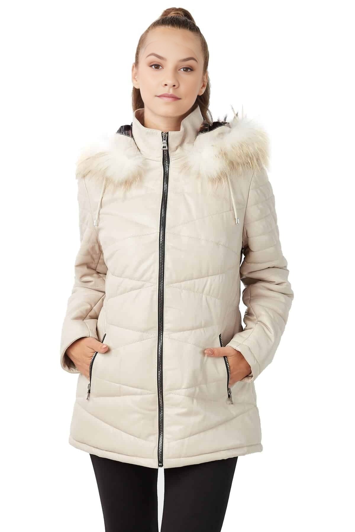 Gabriella Beige Fur Hoodie Leather Jacket For Women
