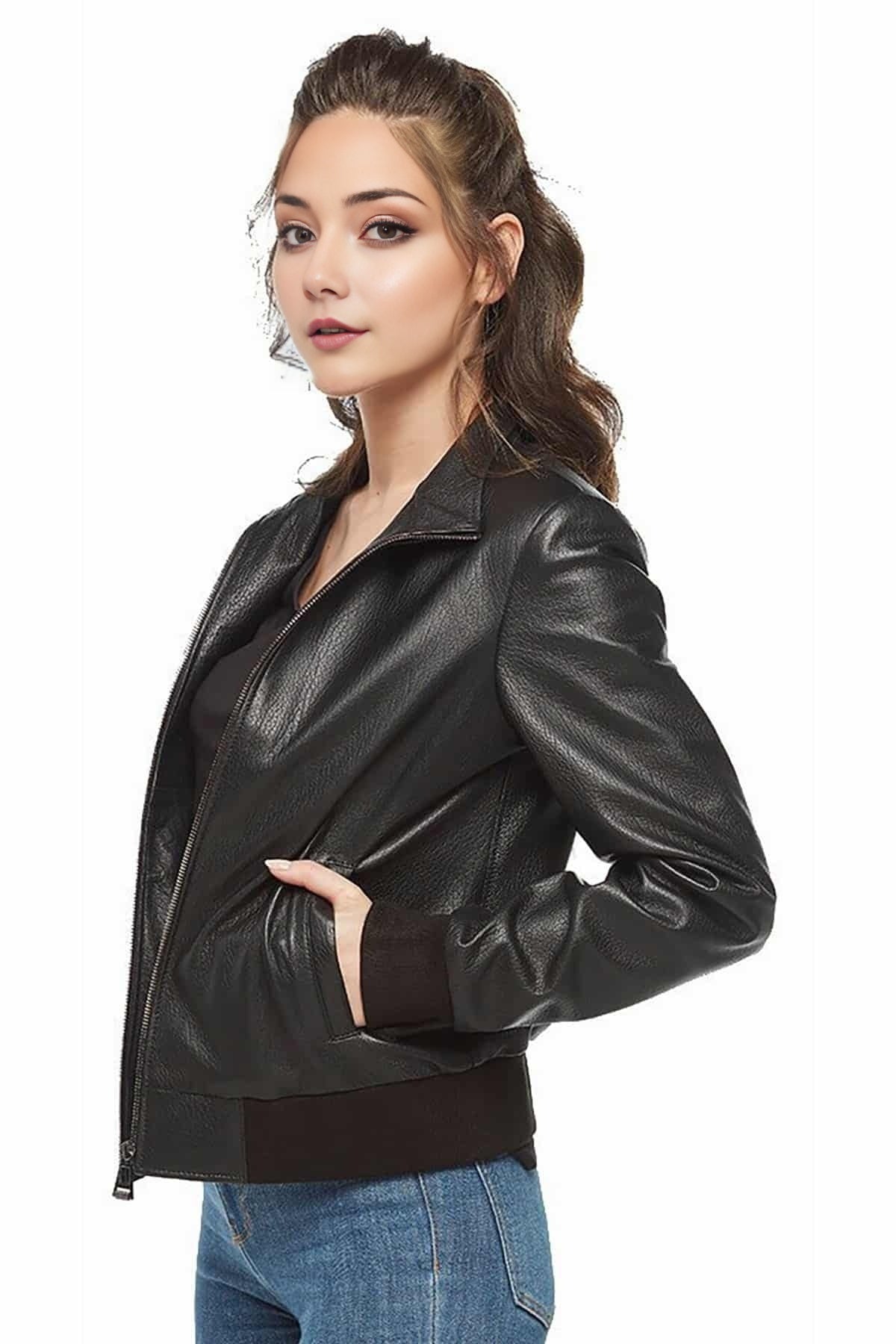 Deborah Black Bomber Leather Jacket For Women