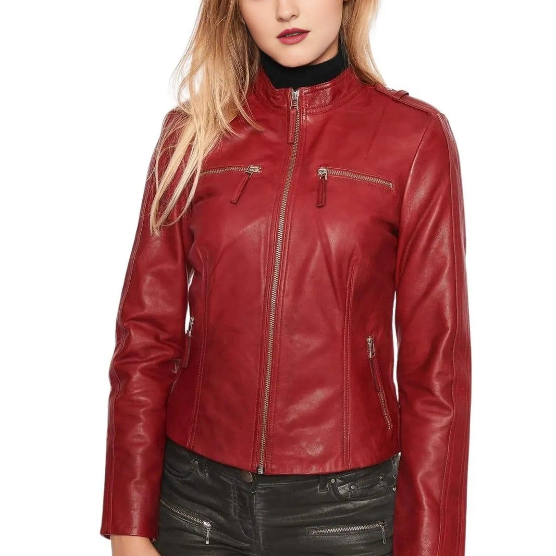 Denise Red Slim Fit Leather Jacket For Women