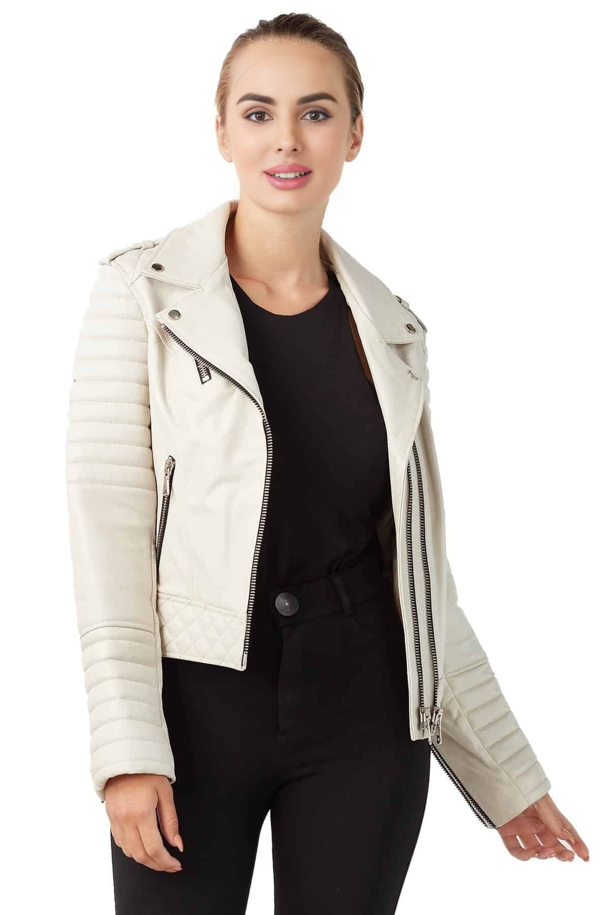 Emma Beige Stylish Leather Jacket For Women