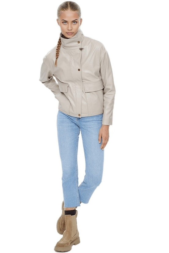 Valentina Beige Stand Up Collar Leather Coat For Women