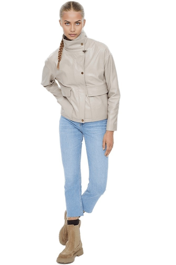 Valentina Beige Stand Up Collar Leather Coat For Women