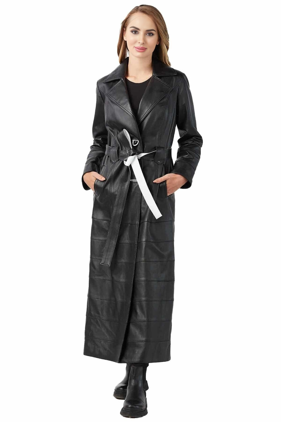 Natalie Long Trench Leather Coat For Women
