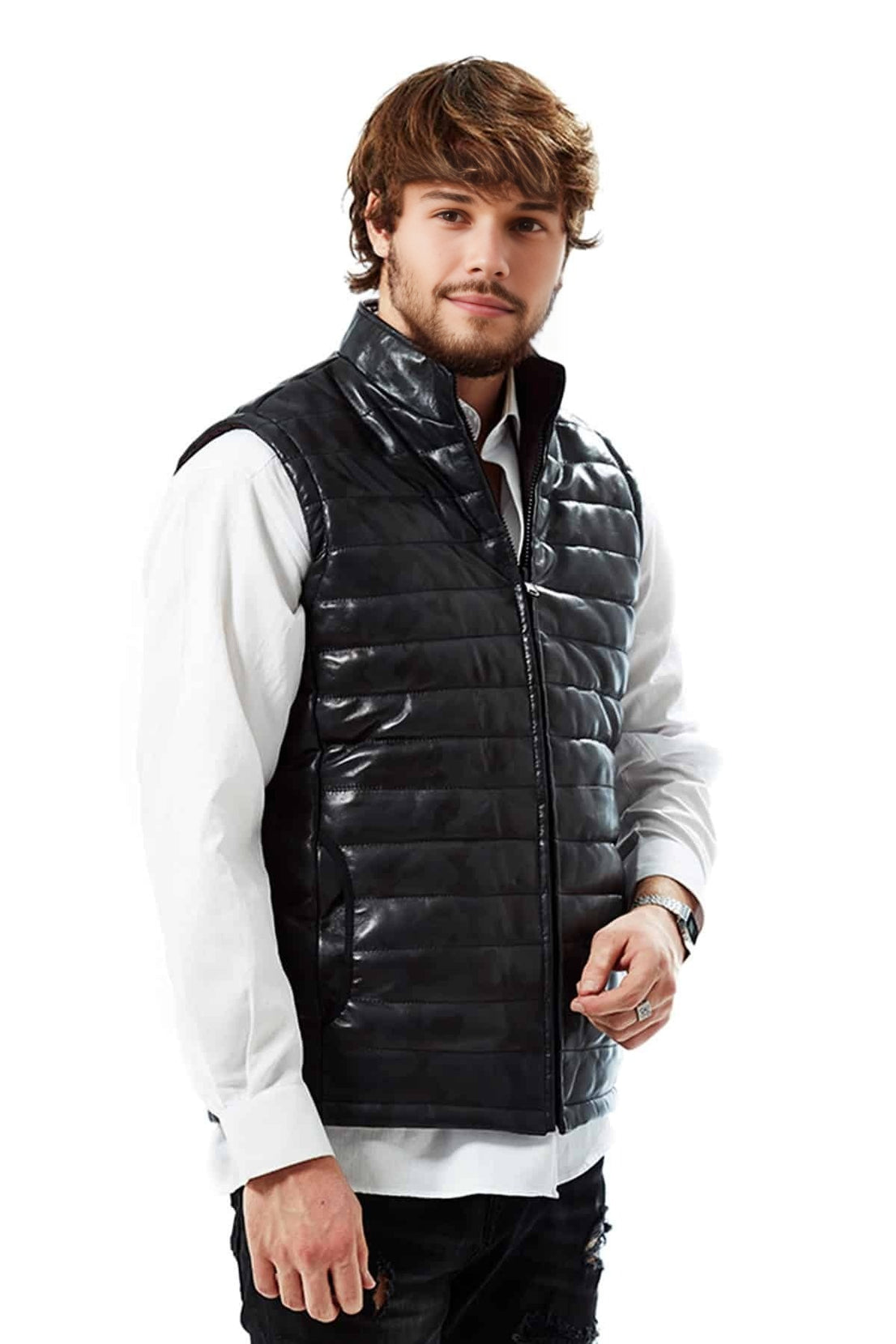 William Black Leather Vest For Men