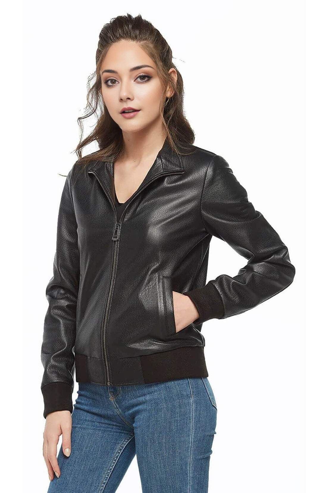 Deborah Black Bomber Leather Jacket For Women
