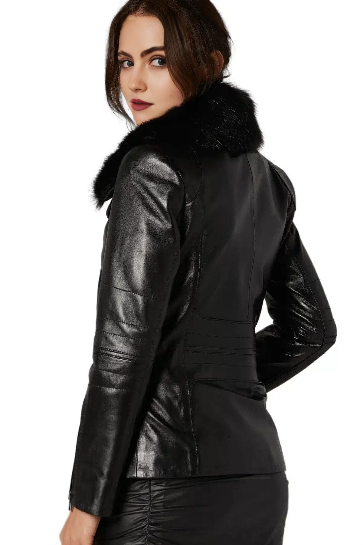 Juniper Black Fur Collar Leather Jacket For Women