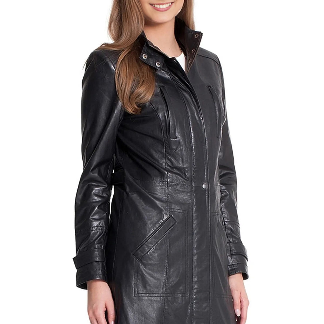 Susan Black Trench Leather Coat For Women