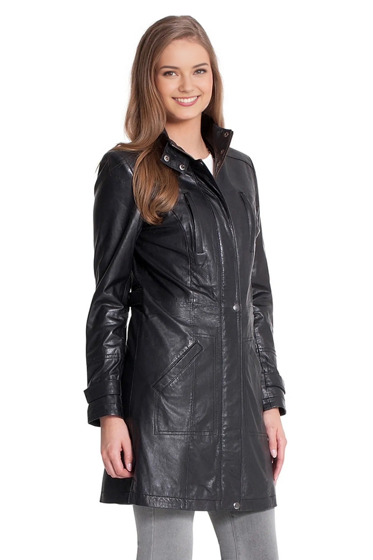 Susan Black Trench Leather Coat For Women