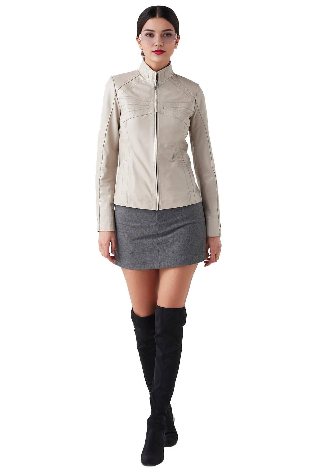 Emery Beige Biker Leather Jacket For Women