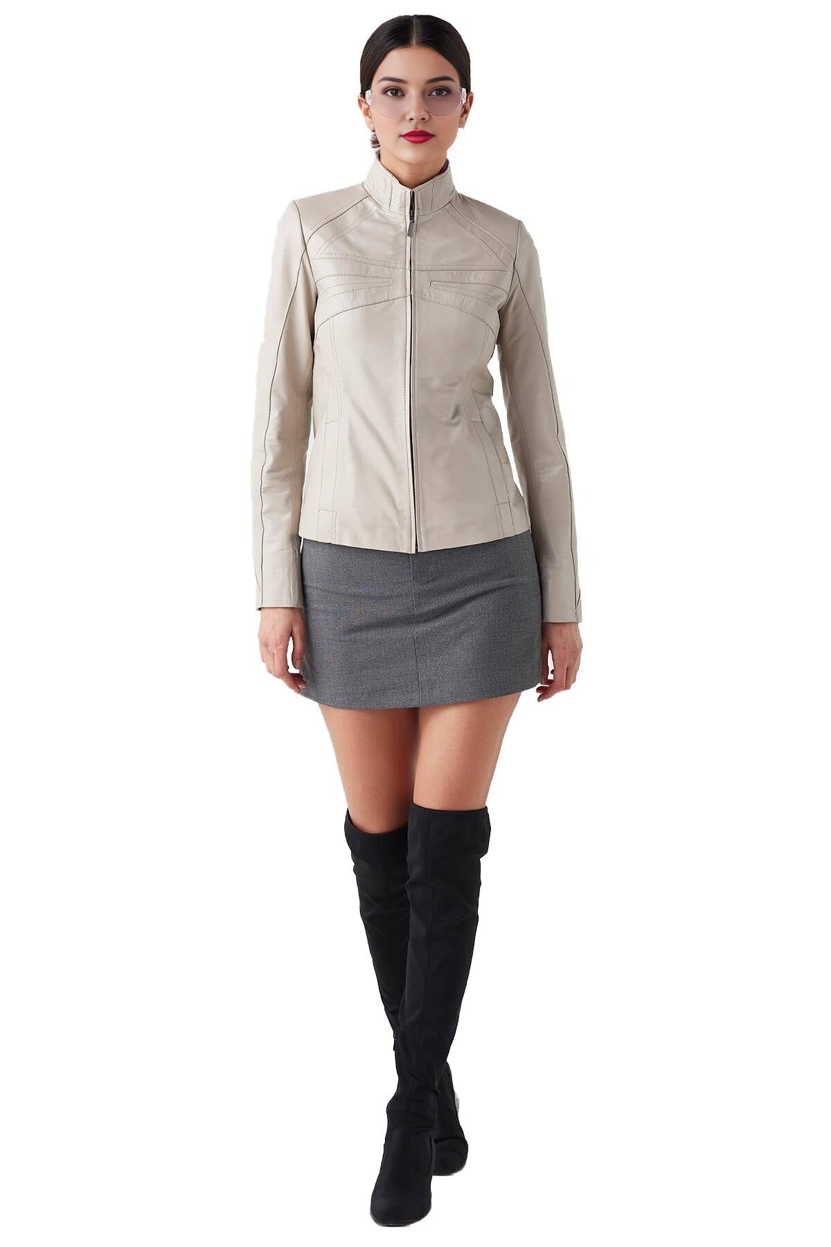 Emery Beige Biker Leather Jacket For Women