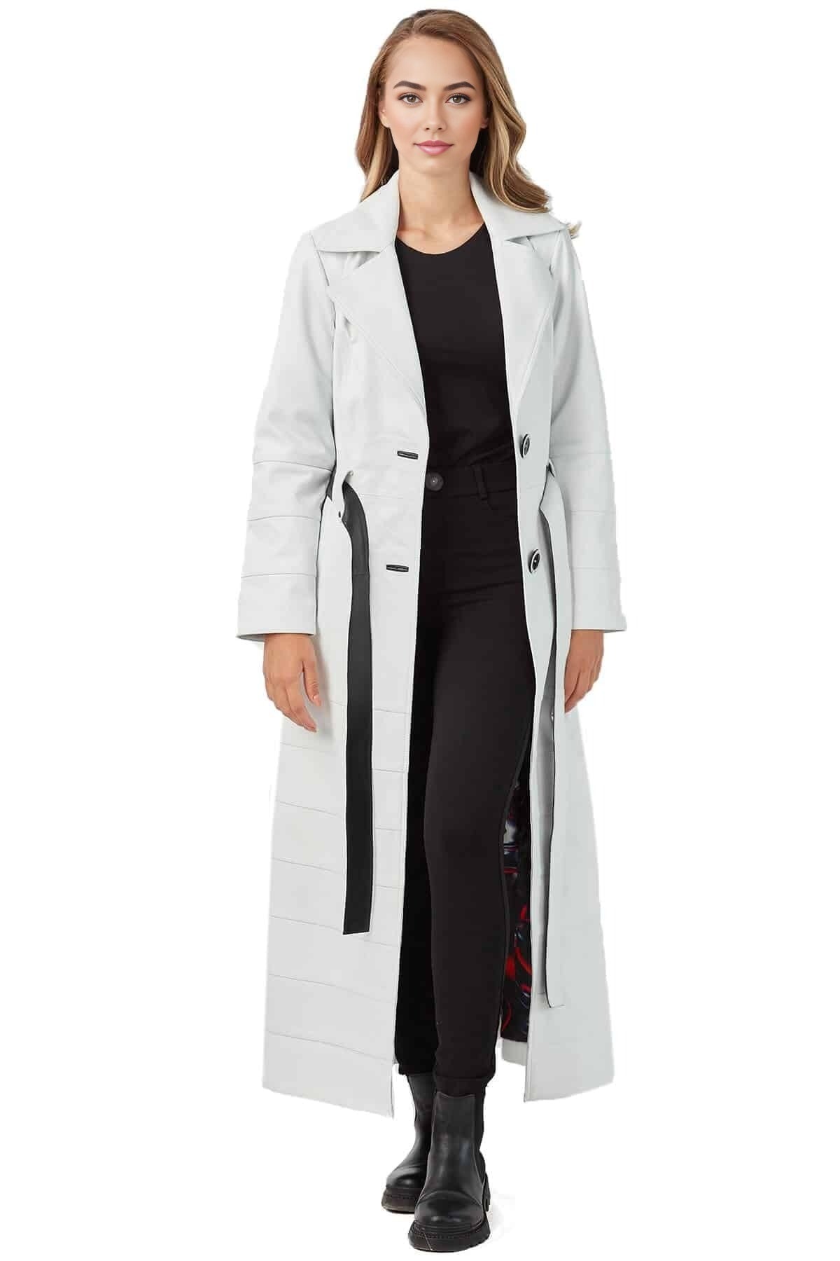 Maeve Long Leather Coat For Women With Center Belt Closure