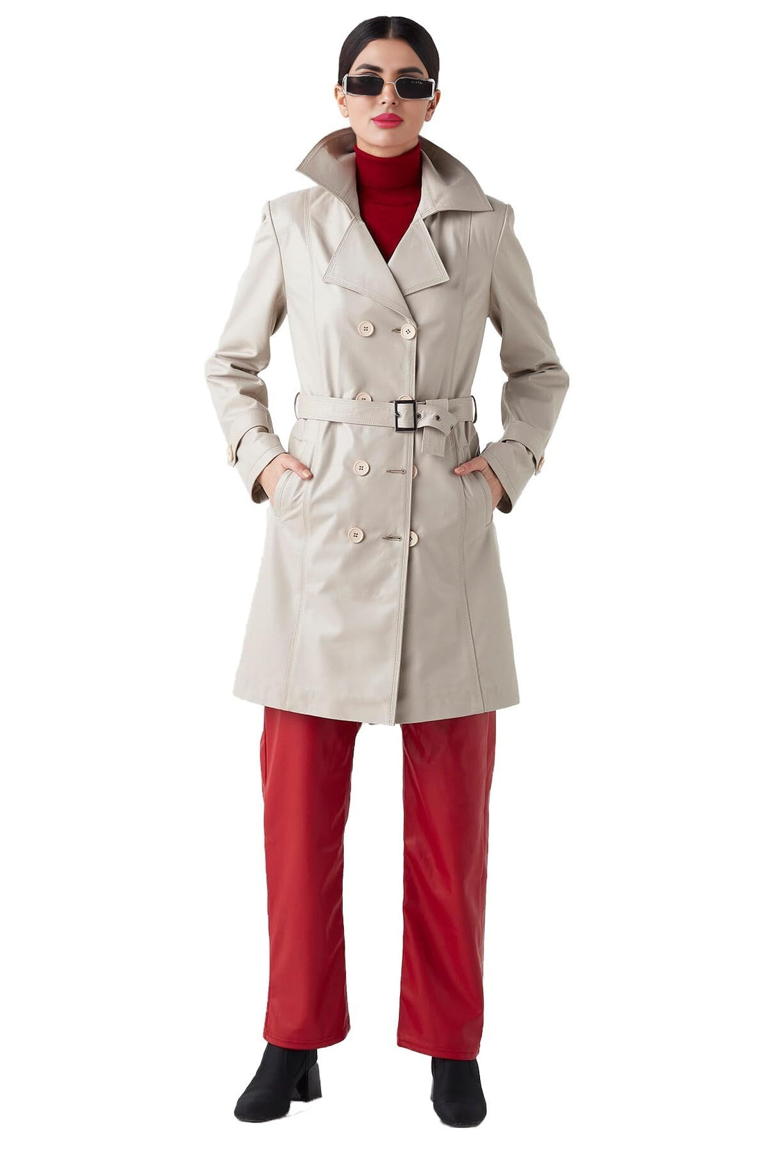 Oprah Beige Blazer Leather Coat For Women