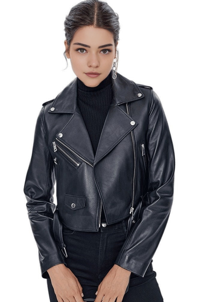 Autumn Black Short Stylish Leather Jacket For Women