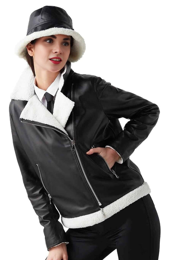 Annie Black Leather Jacket With White Fur For Women