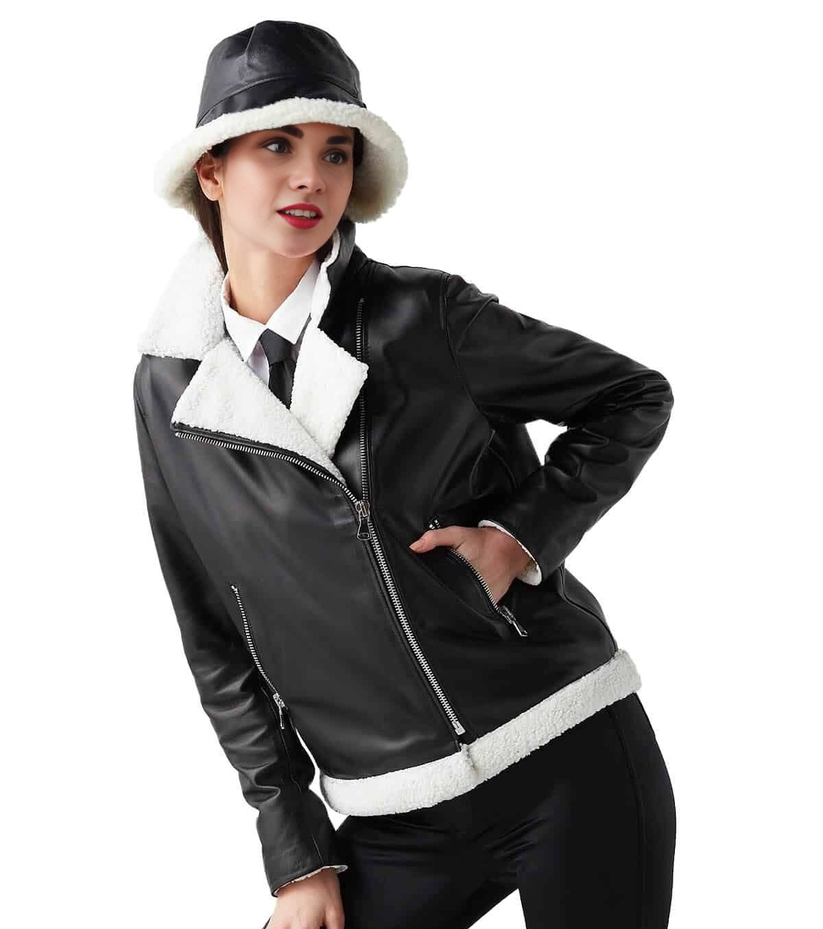 Annie Black Leather Jacket With White Fur For Women