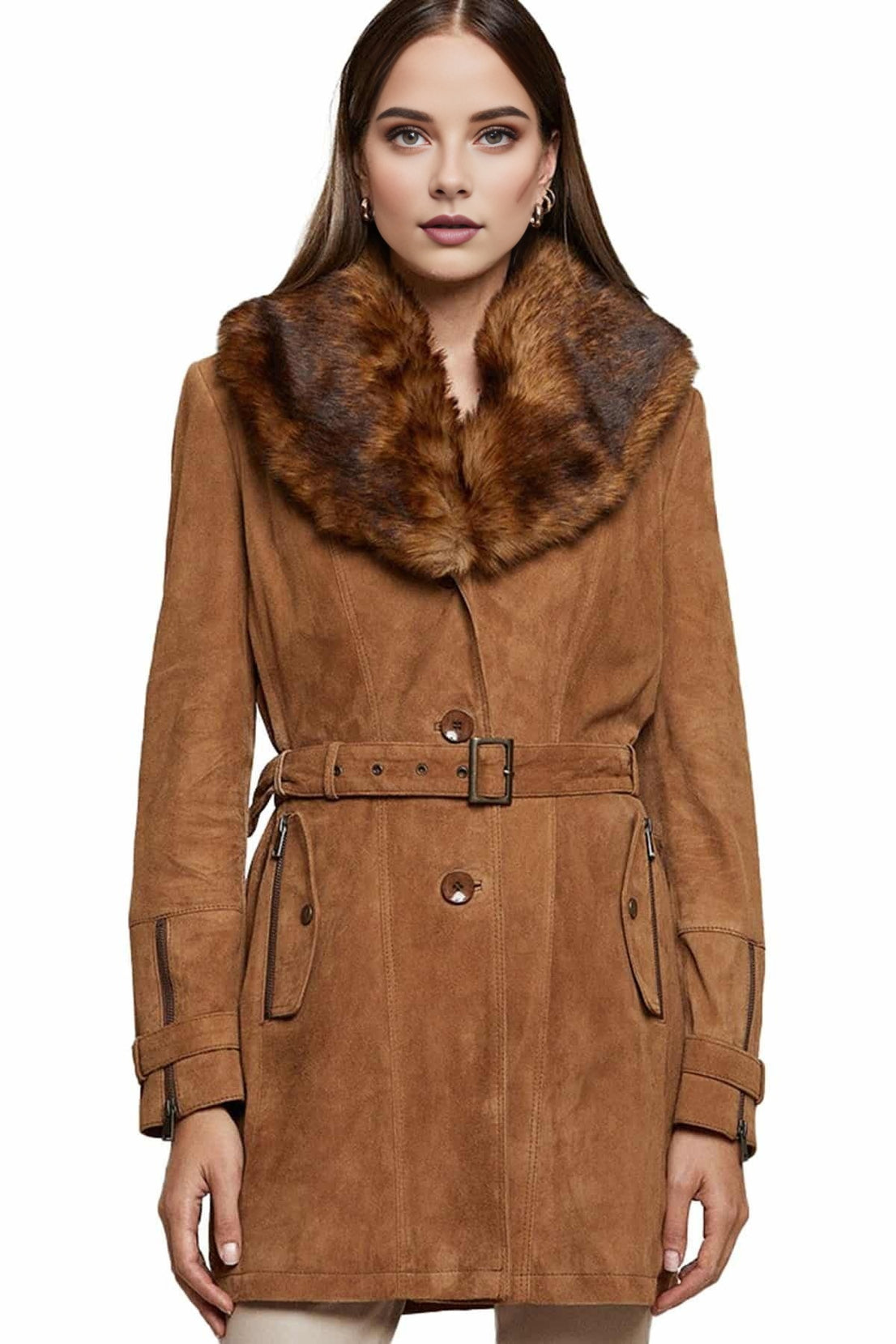 Delilah Brown Original Fur Collar Leather Coat For Women