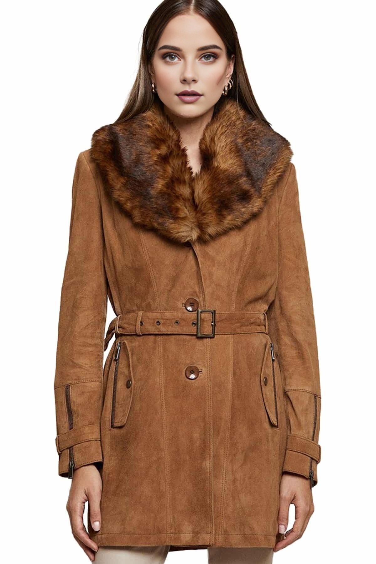 Delilah Brown Original Fur Collar Leather Coat For Women