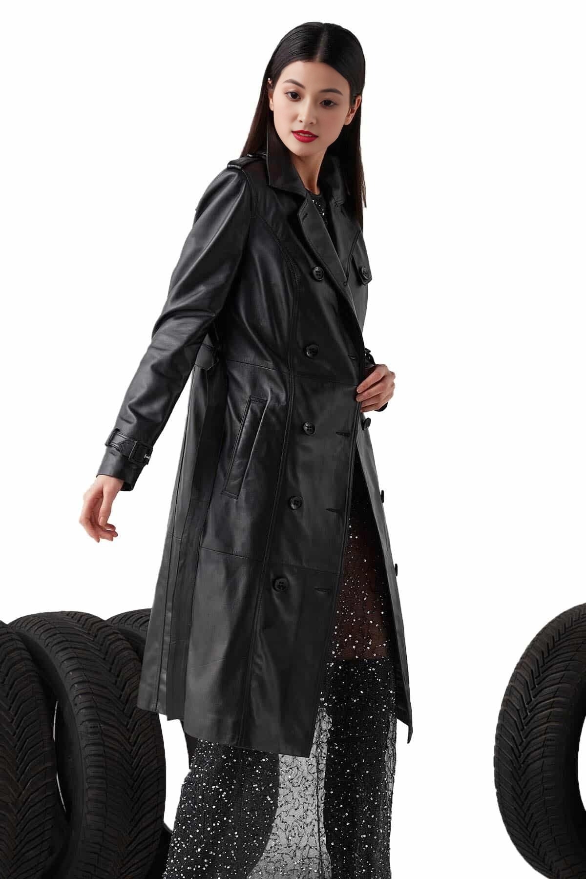 Lydia Black Long Trench Leather Coat For Women