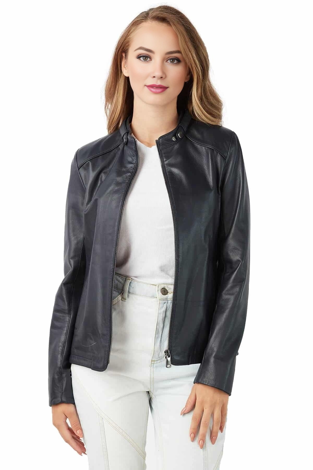 Megan Navy Blue Slim Fit Leather Jacket For Women