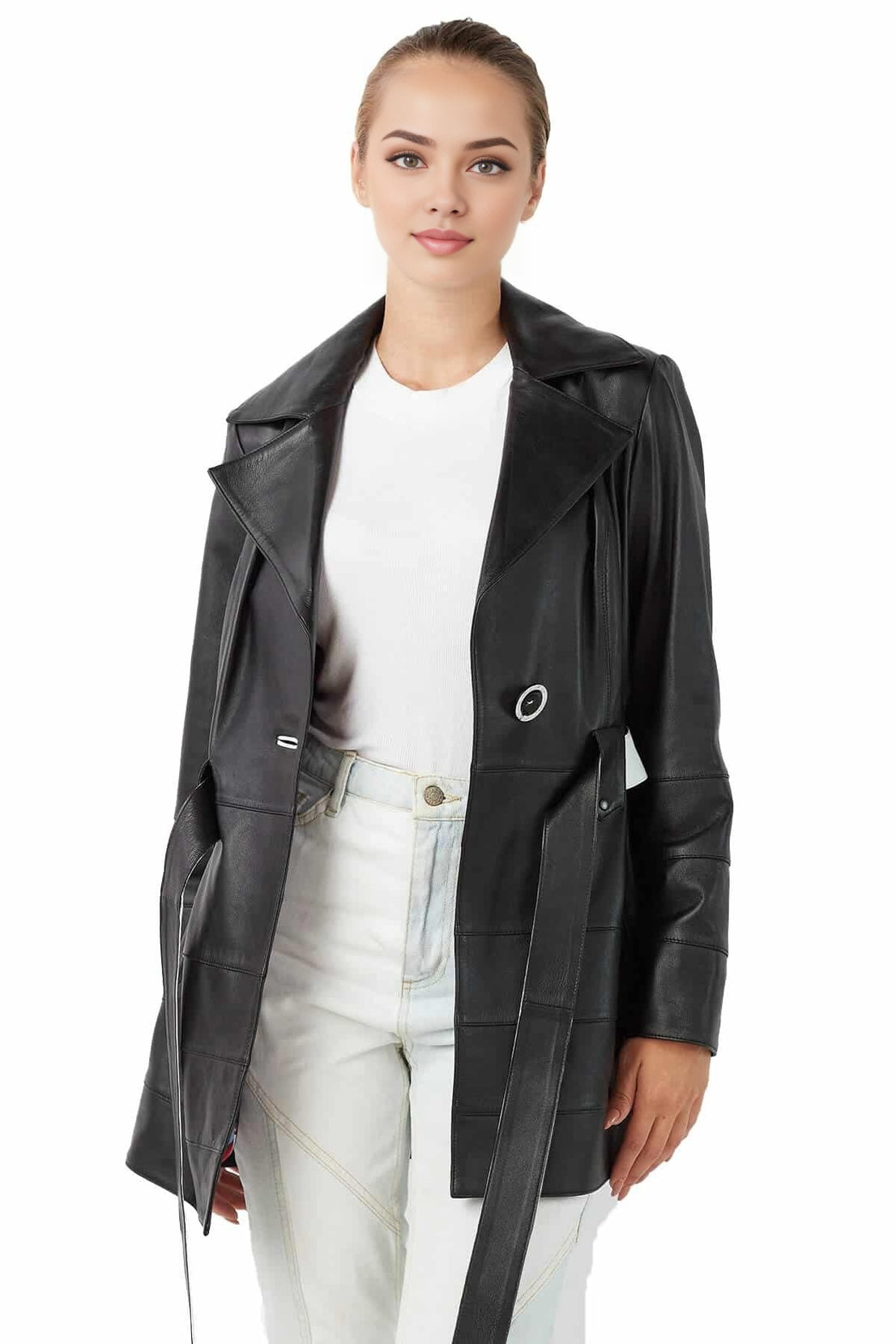 Gianna Black Trench Leather Coat For Women