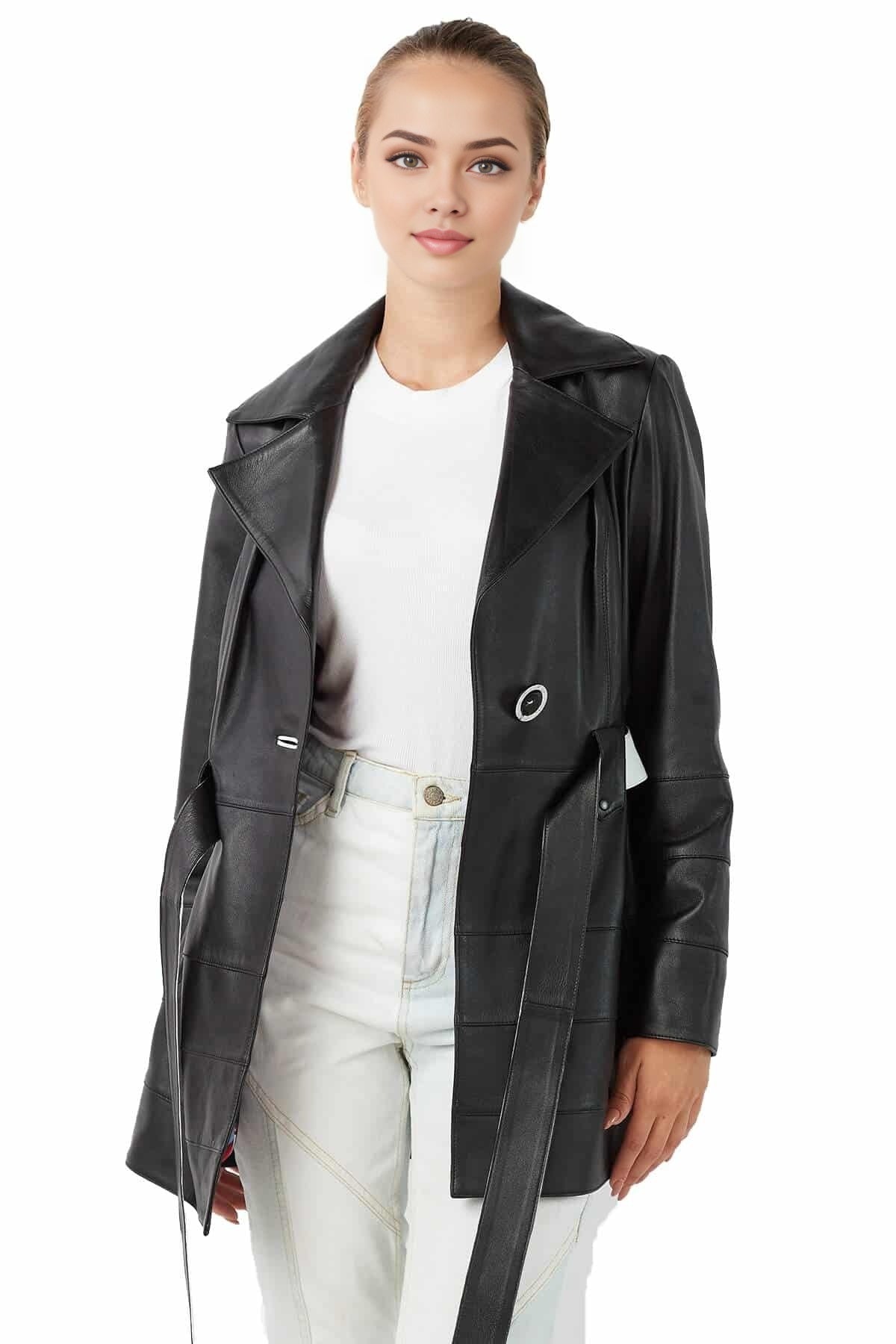 Gianna Black Trench Leather Coat For Women